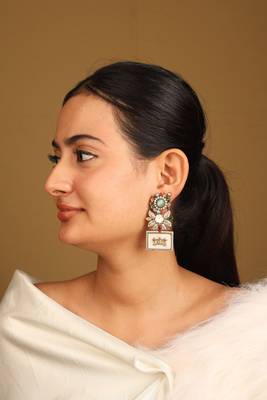 Rectangular designer earrings with white and multicolor stones 2