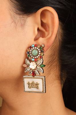 Rectangular designer earrings with white and multicolor stones 1