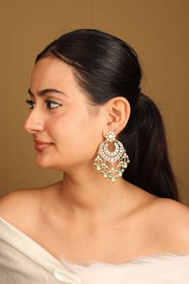 Kundan chandbali earrings with pearl and green bead danglers 2
