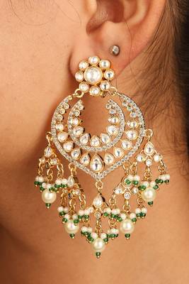 Kundan chandbali earrings with pearl and green bead danglers 1