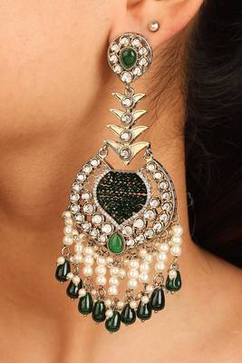 Statement earrings with green accents and pearl danglers 1