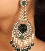 Statement earrings with green accents and pearl danglers