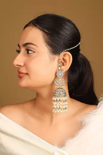 Rustic gold jhumkas with pearls and american diamonds