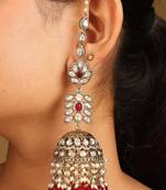Intricate design jhumkas with american diamonds and pearls