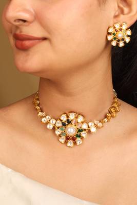Kundan choker set with multicolor stones and matching earrings 1