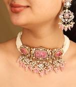 Pearl choker set with pink accents and matching earrings