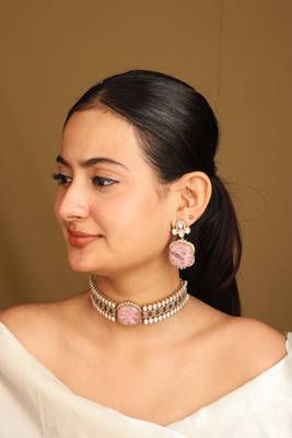 Gold american diamond choker set with large pink stone and matching earrings 2