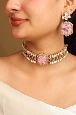 Gold american diamond choker set with large pink stone and matching earrings 1