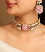 Gold american diamond choker set with large pink stone and matching earrings