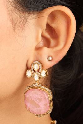 Gold american diamond choker set with large pink stone and matching earrings 3
