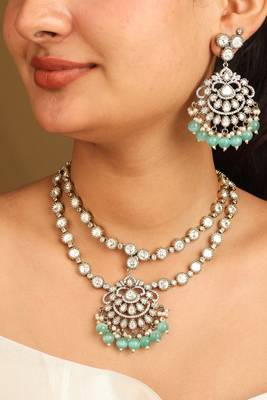 American diamond necklace set with green beads 1
