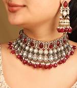 American diamond high neck necklace set with red stones