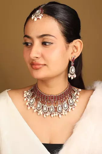 American diamond pink stone choker set