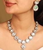 Elegant Kundan Necklace Set with Mint Green Stone Pendant