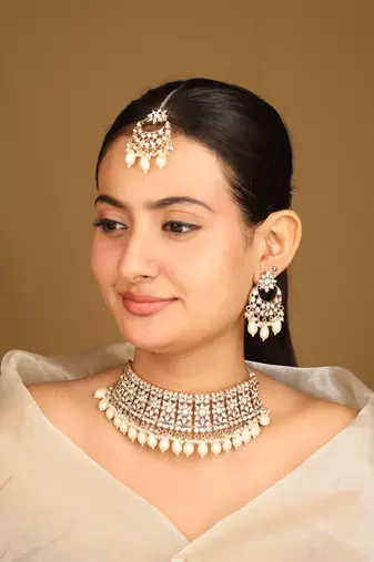 American diamond high neck necklace set with pearls