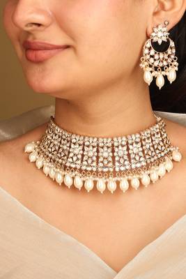American diamond high neck necklace set with pearls 1