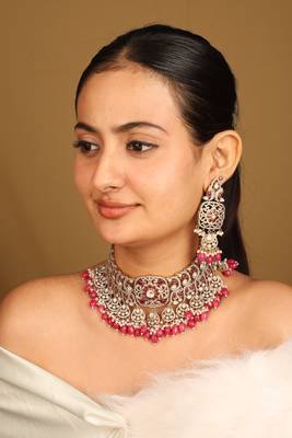 American diamond necklace set with pink stones and beads 2