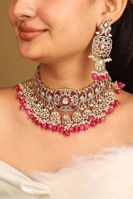 American diamond necklace set with pink stones and beads 1