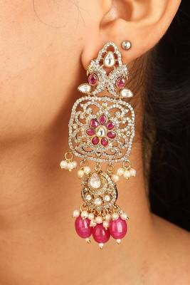 American diamond necklace set with pink stones and beads 3