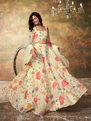 Beige Organza Multicolor Floral Printed Fancy Lehenga Choli for Women 1