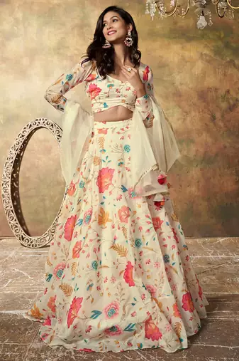 Beige Organza Multicolor Floral Printed Fancy Lehenga Choli for Women