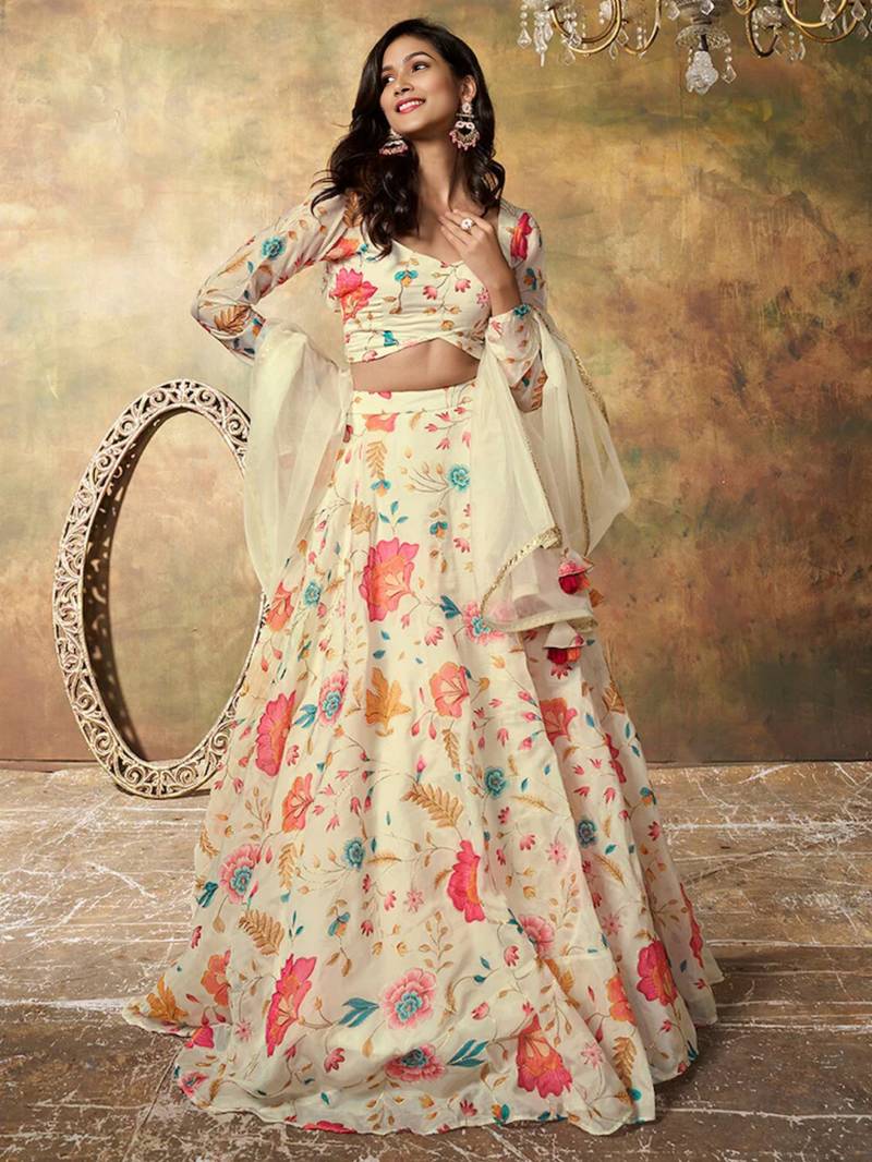Beige Organza Multicolor Floral Printed Fancy Lehenga Choli for Women