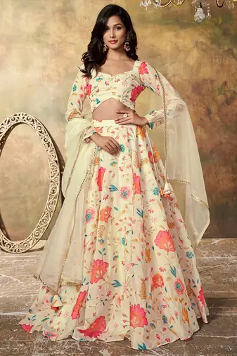 Beige Organza Multicolor Floral Printed Fancy Lehenga Choli for Women