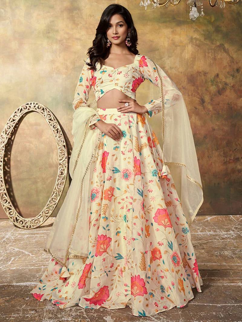 Beige Organza Multicolor Floral Printed Fancy Lehenga Choli for Women