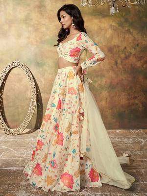 Beige Organza Multicolor Floral Printed Fancy Lehenga Choli for Women 4
