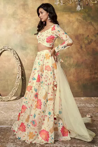Beige Organza Multicolor Floral Printed Fancy Lehenga Choli for Women