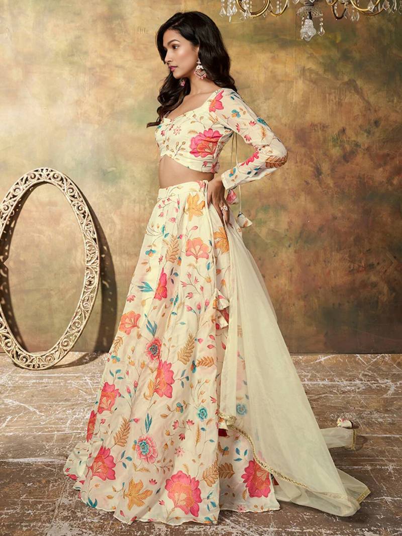 Beige Organza Multicolor Floral Printed Fancy Lehenga Choli for Women