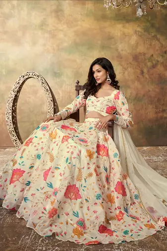 Beige Organza Multicolor Floral Printed Fancy Lehenga Choli for Women