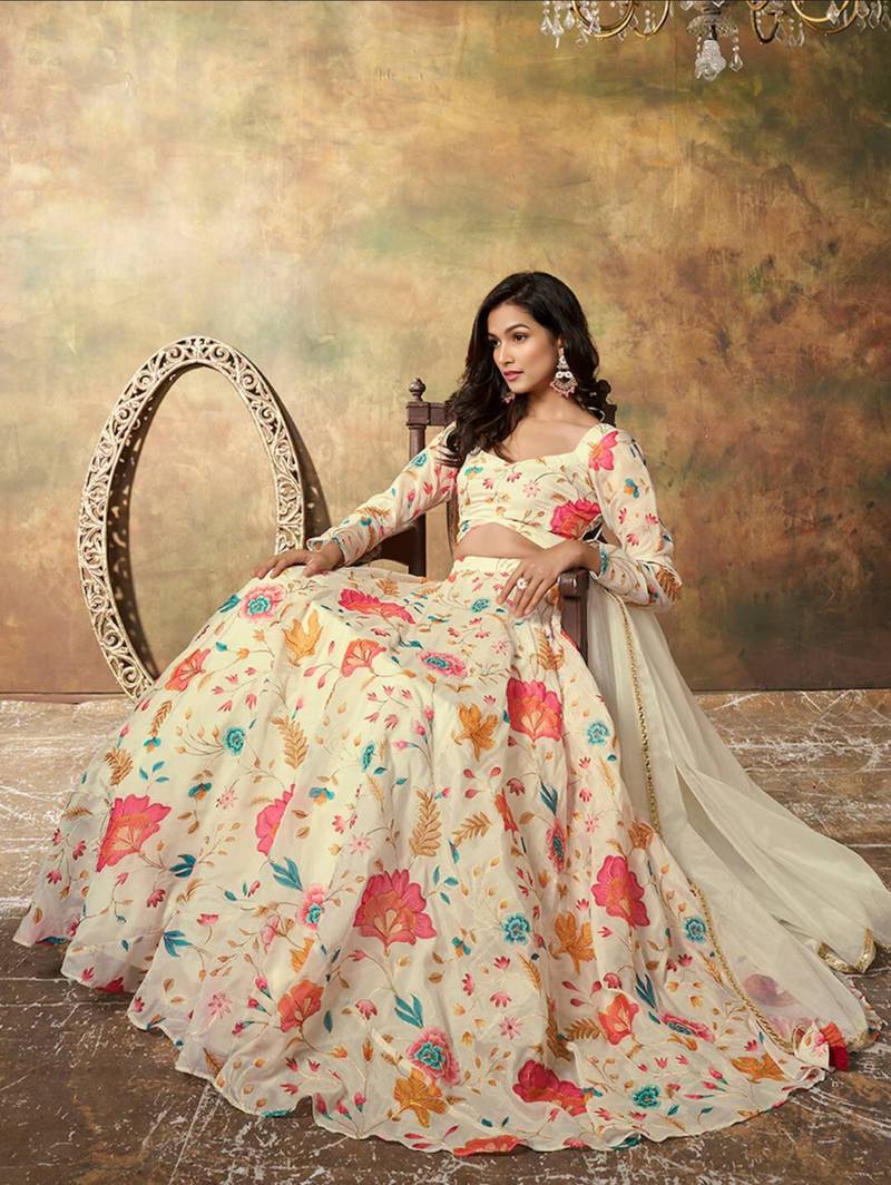 Beige Organza Multicolor Floral Printed Fancy Lehenga Choli for Women
