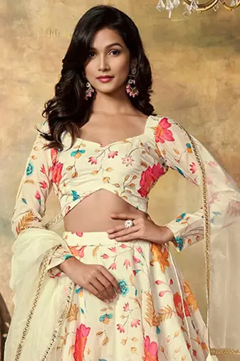 Beige Organza Multicolor Floral Printed Fancy Lehenga Choli for Women
