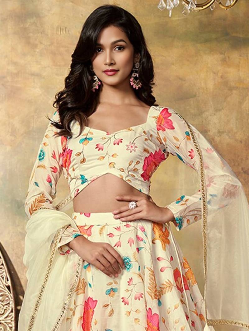 Beige Organza Multicolor Floral Printed Fancy Lehenga Choli for Women
