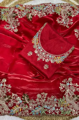 Red jimmy choo silk with coding sequence embroidery work 