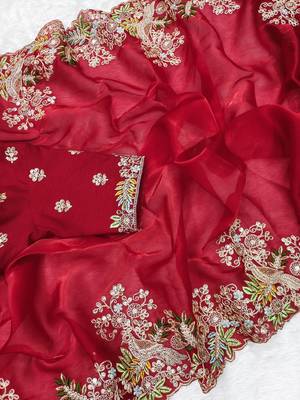 Red jimmy choo silk with coding sequence embroidery work  4