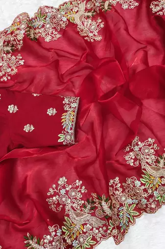 Red jimmy choo silk with coding sequence embroidery work 