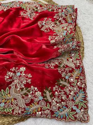 Red jimmy choo silk with coding sequence embroidery work  5