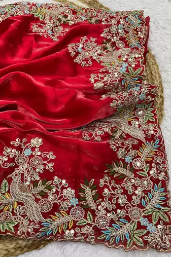 Red jimmy choo silk with coding sequence embroidery work 