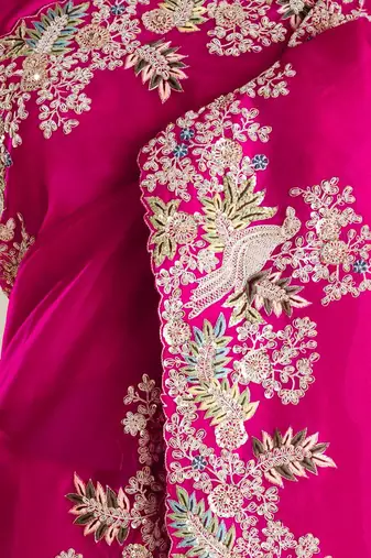 Pink jimmy choo silk with coding sequence embroidery work 