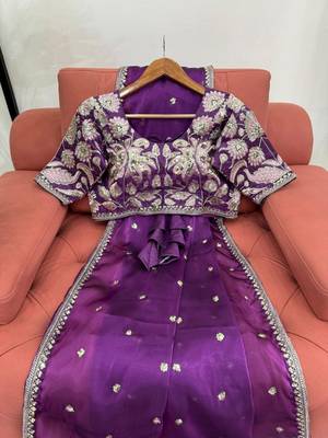 Purple jimmy choo silk with 3mm sequence embroidery work lace border with blouse 1