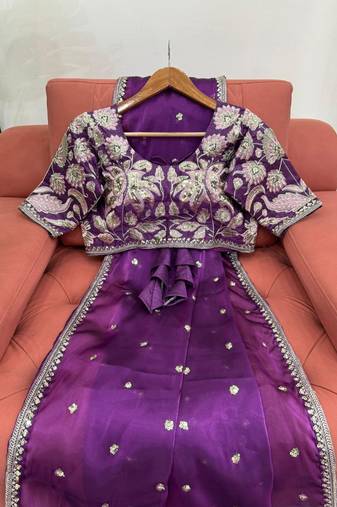 Purple jimmy choo silk with 3mm sequence embroidery work lace border with blouse