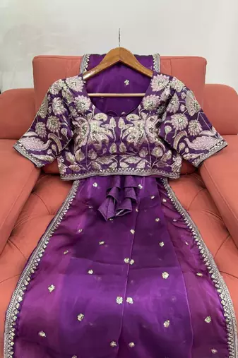 Purple jimmy choo silk with 3mm sequence embroidery work lace border with blouse