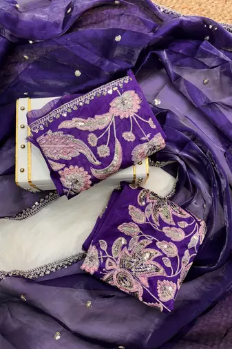 Purple jimmy choo silk with 3mm sequence embroidery work lace border with blouse