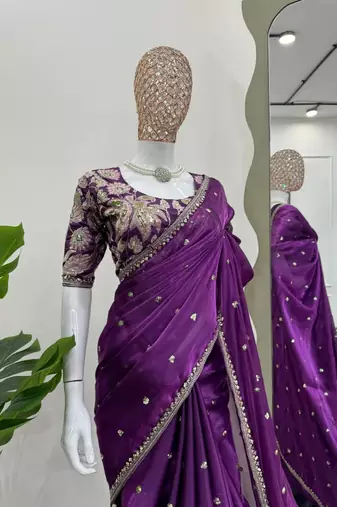 Purple jimmy choo silk with 3mm sequence embroidery work lace border with blouse