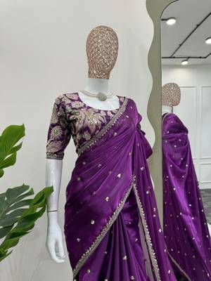 Purple jimmy choo silk with 3mm sequence embroidery work lace border with blouse 3