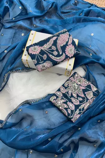 Blue jimmy choo silk with 3mm sequence embroidery work lace border with blouse