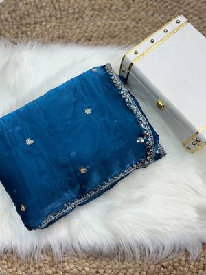 Blue jimmy choo silk with 3mm sequence embroidery work lace border with blouse 3