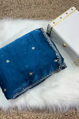 Blue jimmy choo silk with 3mm sequence embroidery work lace border with blouse